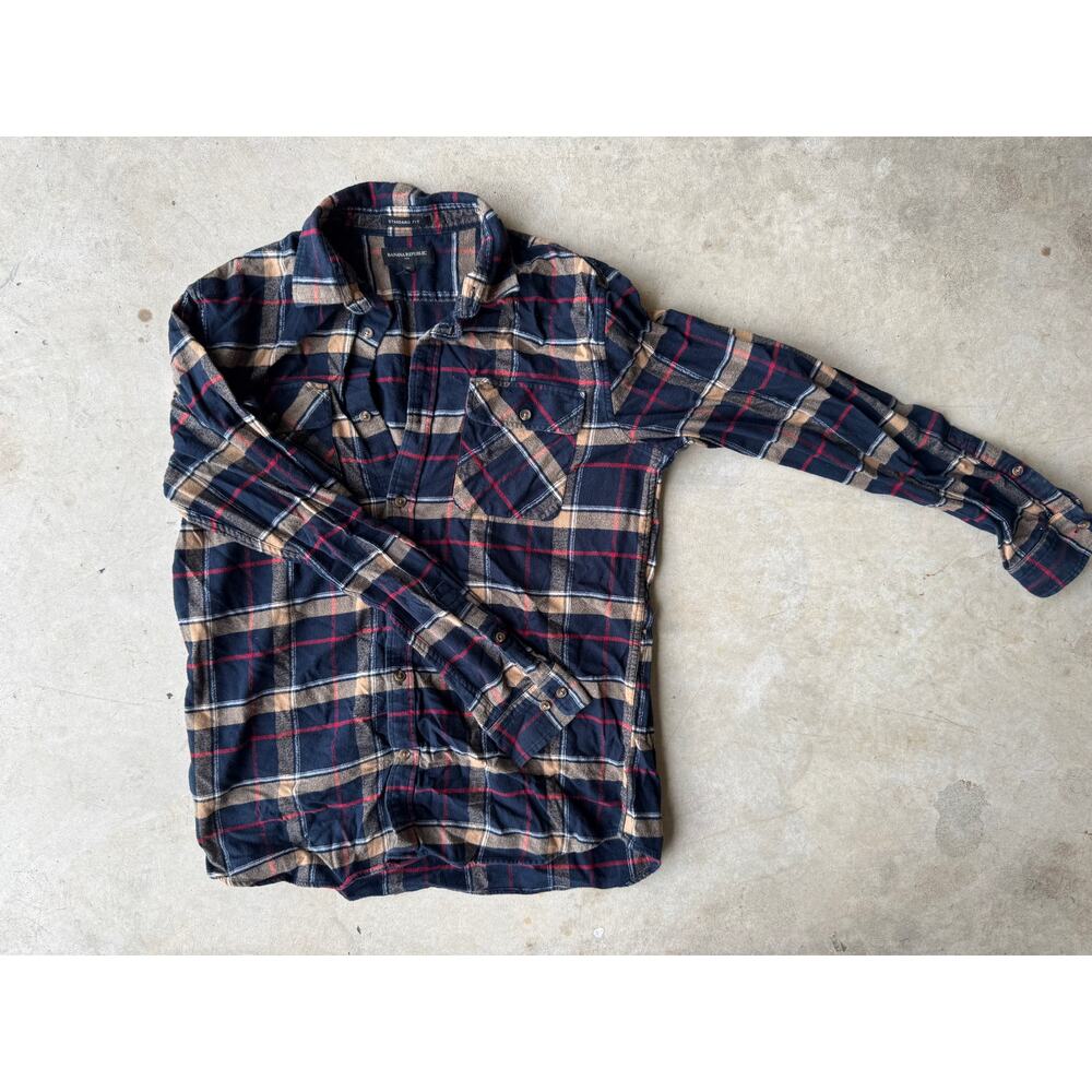 Banana Republic Flannel Shirt - Navy/Red/Brown Plaid - L Tall